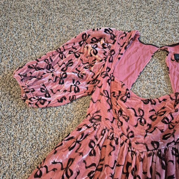 Maeve Sweetheart Velvet Mini Dress Pink Black Bows Puff Sleeves Women's XS - Picture 4 of 7